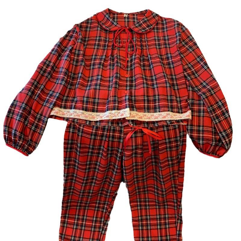Red Plaid Peter Pan Collar Flannel Pajama Set - Long Sleeve and Pants for Autumn/Winter