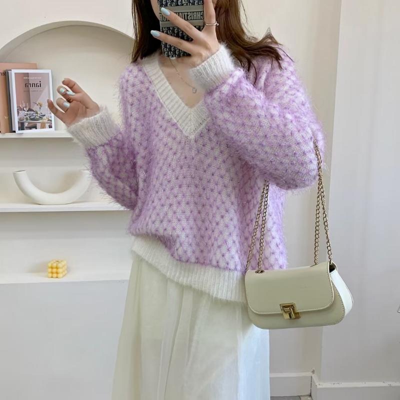 

Пуловер свитер женщины свободный внешний пуловер осень и зима Корейский длинный рукав повседневный красочный V-образный вырез трикотаж женский