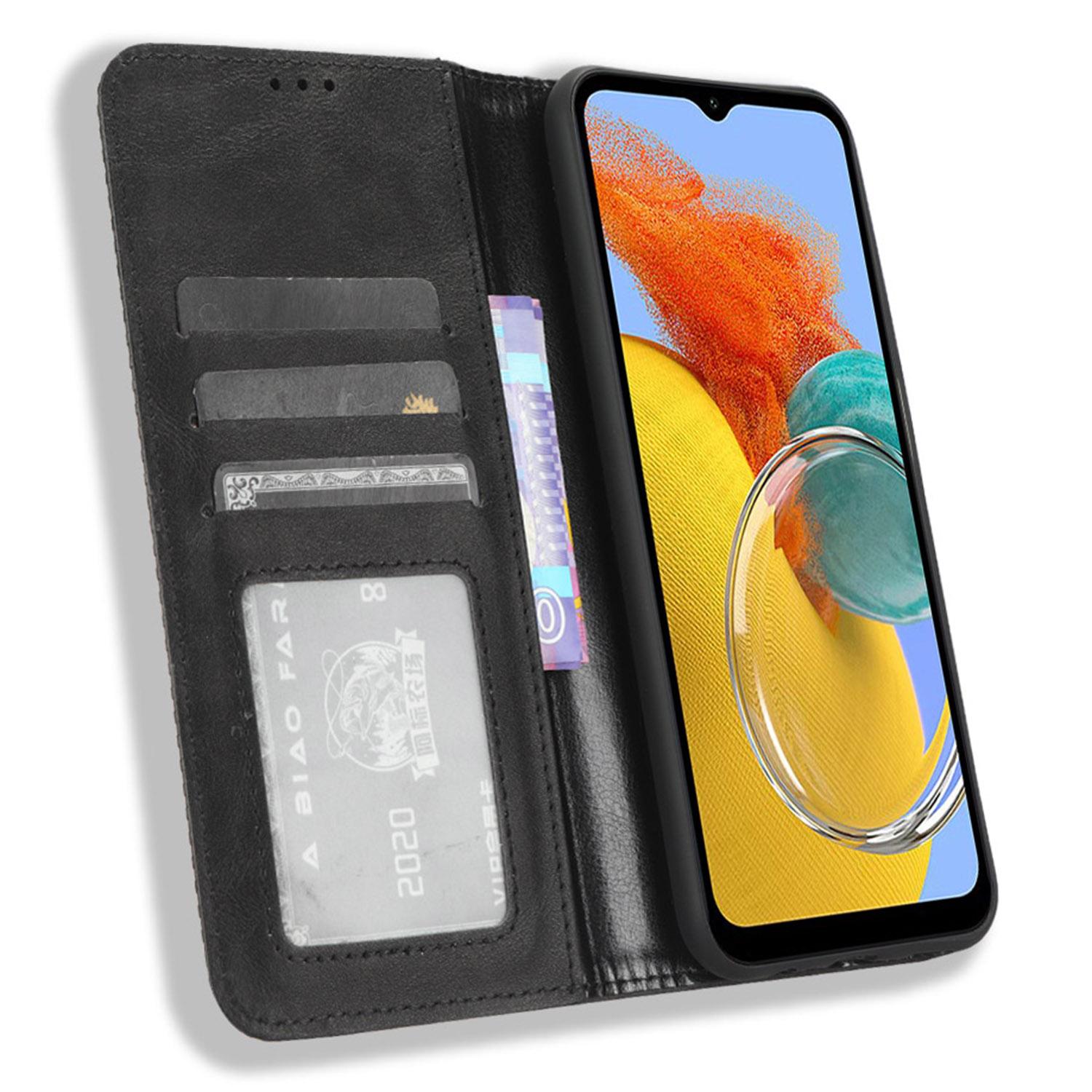 

For Samsung Galaxy M14 5G Retro Phone Case PU Leather Phone Stand Wallet Protective Cover Black