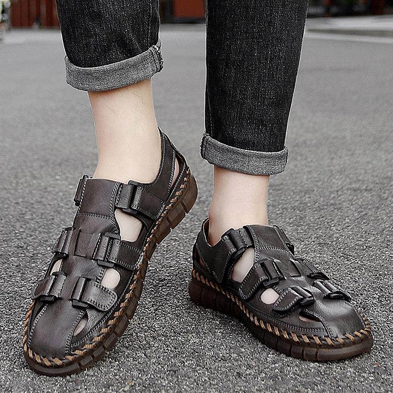 Men's Large Closed-Toe Handmade Leather Sandals, Breathable & Perforated for Beach