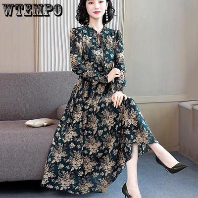 Printemps et automne robe en mousseline de soie à manches longues féminine grande taille longue section coupe ajustée taille fine jupe florale les femmes peuvent être portées à l'intérieur ou à l'extérieur
