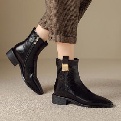 Korean Version of the New Women's Martin Boots Rubber Sole Large Size Women's Boots Low Heel Leather Boots Square Heel Round Head Autumn and W