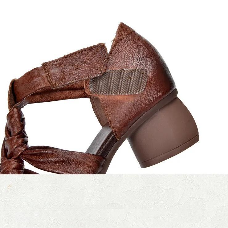 Johnature Genuine Leather Hand Woven Hollow-out Coarse Heel Sandals Retro Versatile High Heel Women's Shoes