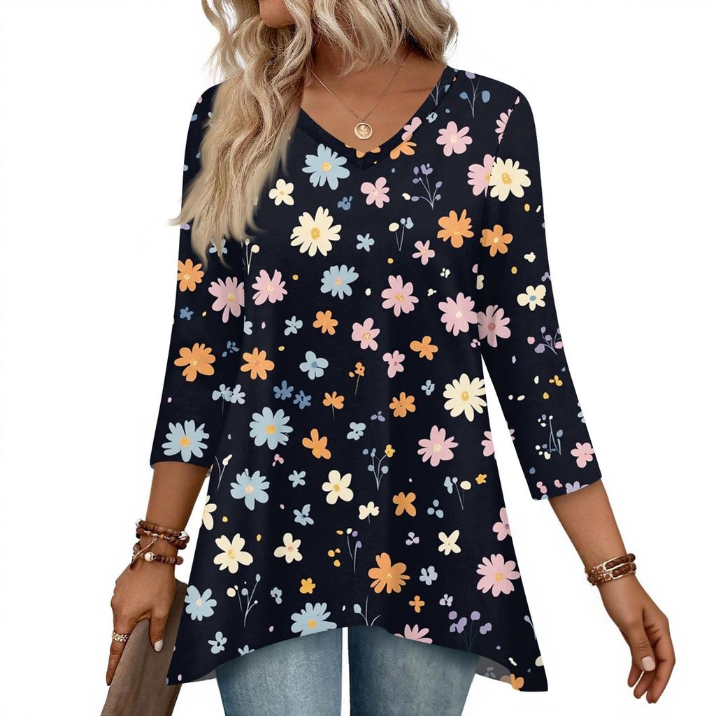 Dámské topy s výstřihem do V a 3/4 rukávem, ležérní košile střední délky, módní tuniky s potiskem