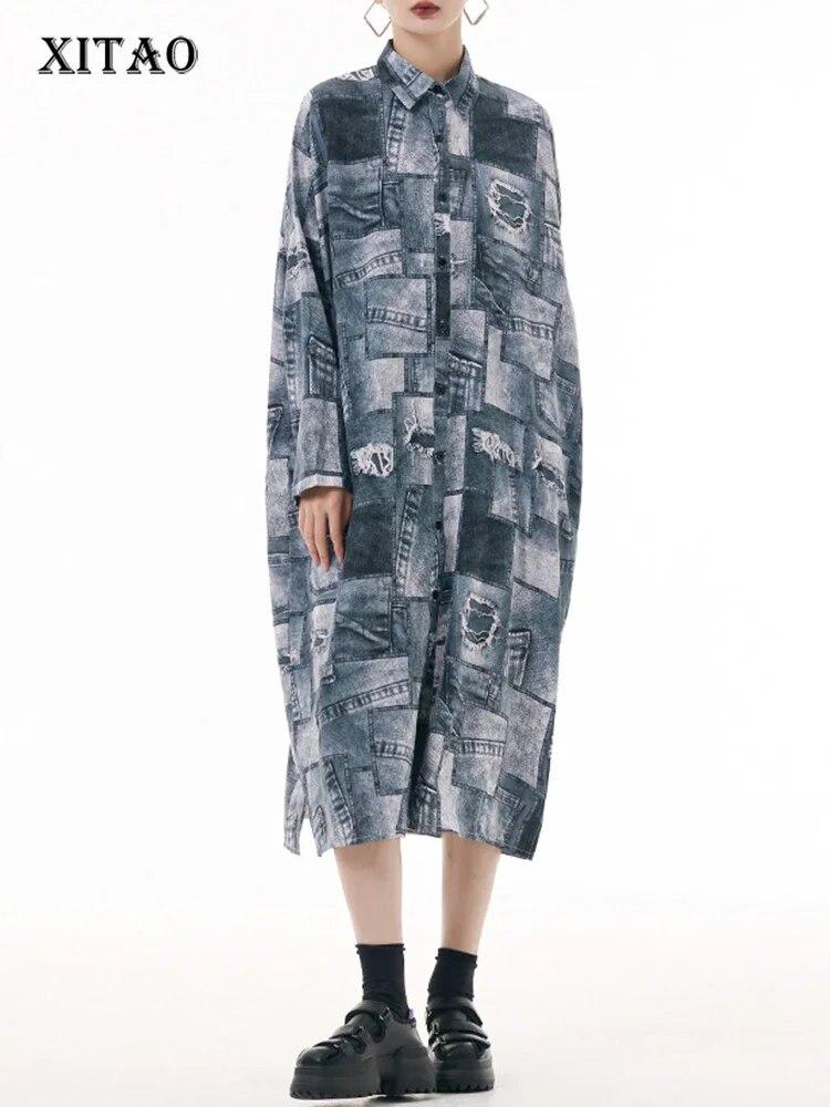 

XITAO Tie Dye Платье с длинным рукавом Повседневное женское платье HQQ1494