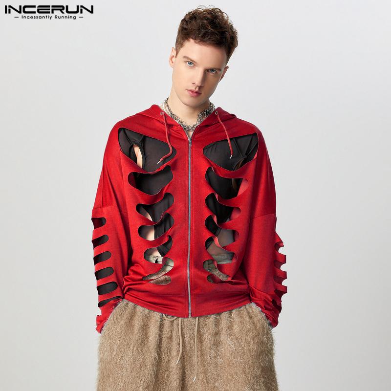 INCERUN Men Long Sleeve Cutout Loose Hollow Pullover Hooded Sweatshirts
