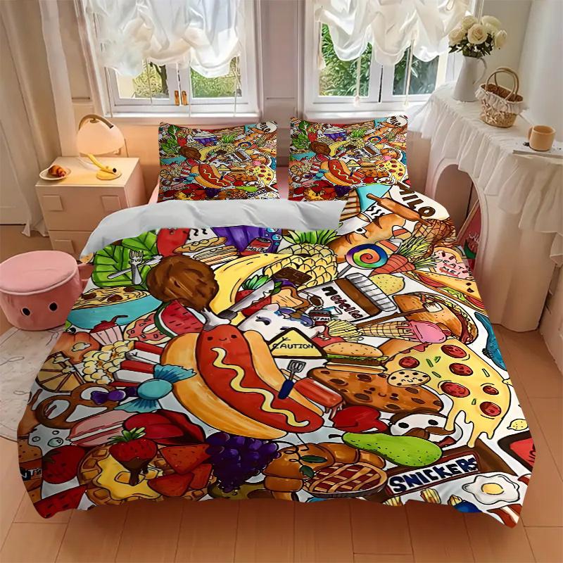 3pcs Anime Cartoon Food Themed Comforter Set with One Quilt Cover and Two Pillowcases (No Core), Perfect for Bedroom and Guest Room Decoration - Festi