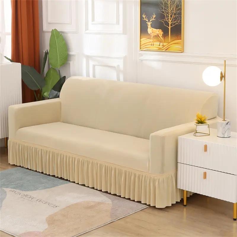 Solid Color Elastic Sofa Cover With Skirt Home Decor Non-slip Slipcover Furniture Couch Protector Cover