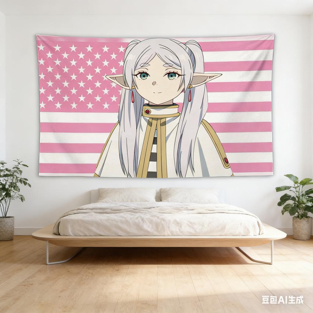 Anime USA Flag Tapestry Elf Character Polyester Wall Hanging for Bedroom Dorm Viral Anime Aesthetic Room Decor