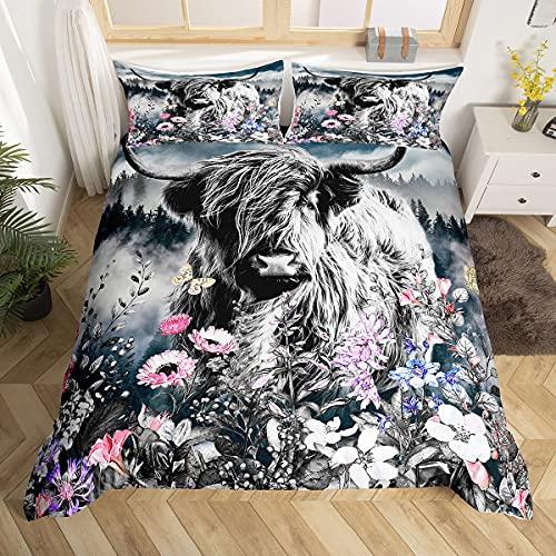 Highland Cattle Duvet Cover Set Flower Pattern Farm Animals Polyester Comforter Cover King Queen Size For Adult Men Bedding Set