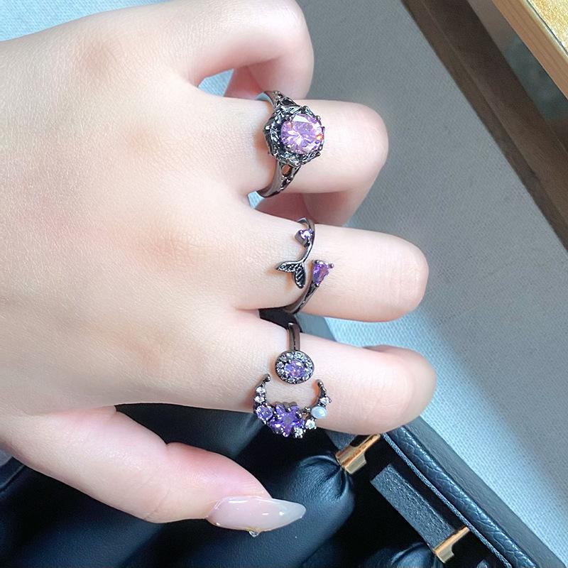 Punk Dark Personality Sweet Cool Moon Fishtail Full Diamond Open Ring Spice Girl Niche Treasure Premium Sense Ring Girl