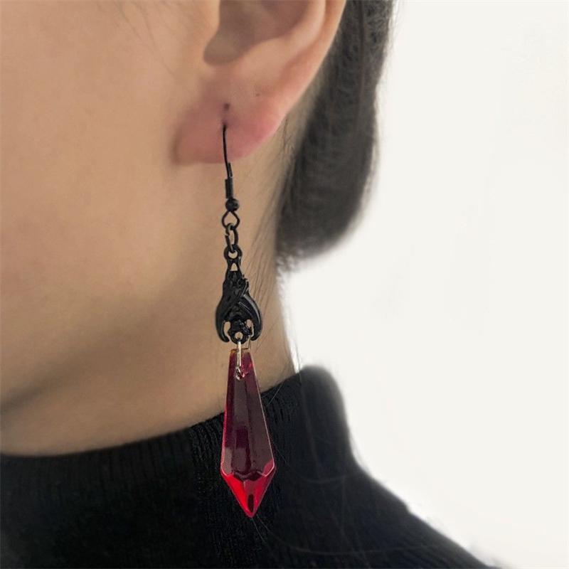 Retro Dark Gothic Style Red Teardrop Pendant Earrings European and American Female Personality Exaggerated Crystal Jewelry