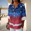 Women's Fashion Casual Button V-Neck Cotton And Linen Independence Day Printed Seven Sleeve T-Shirt Top