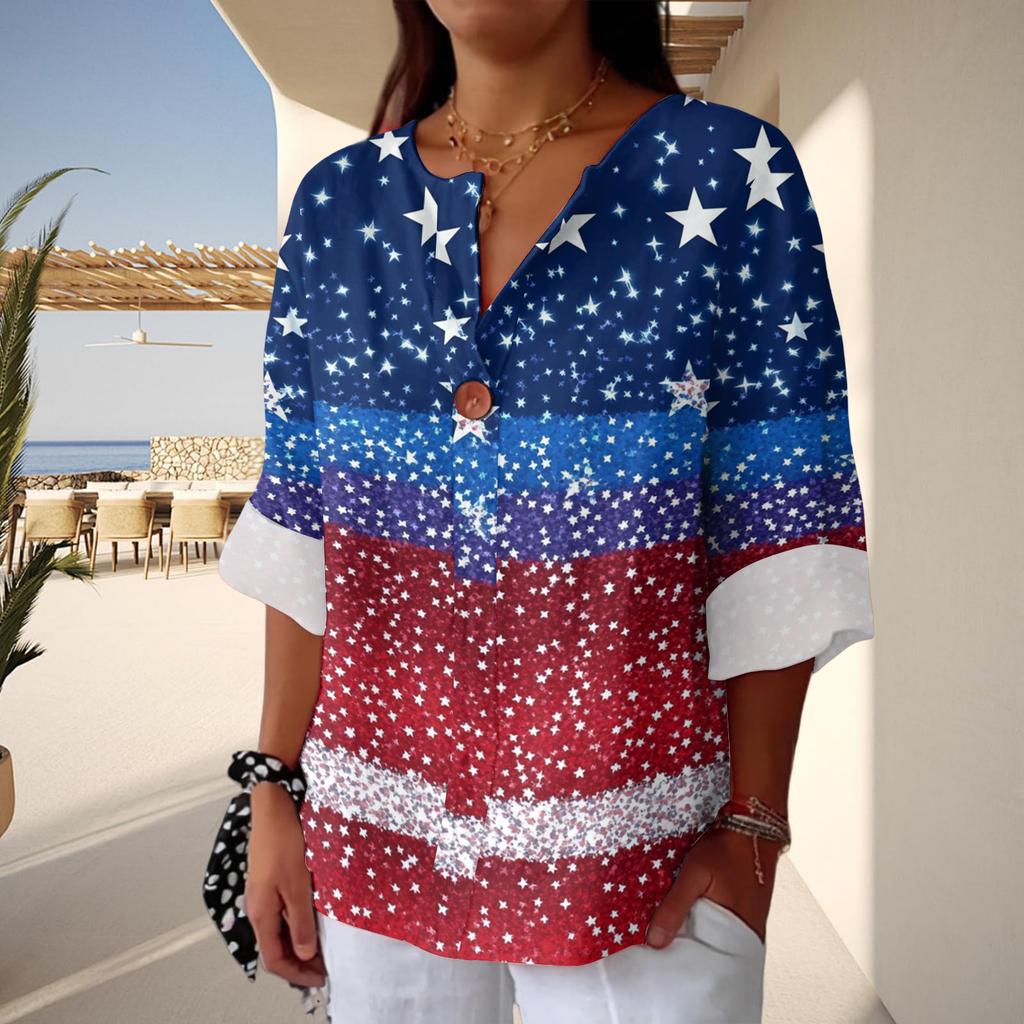 Women's Fashion Casual Button V-Neck Cotton And Linen Independence Day Printed Seven Sleeve T-Shirt Top