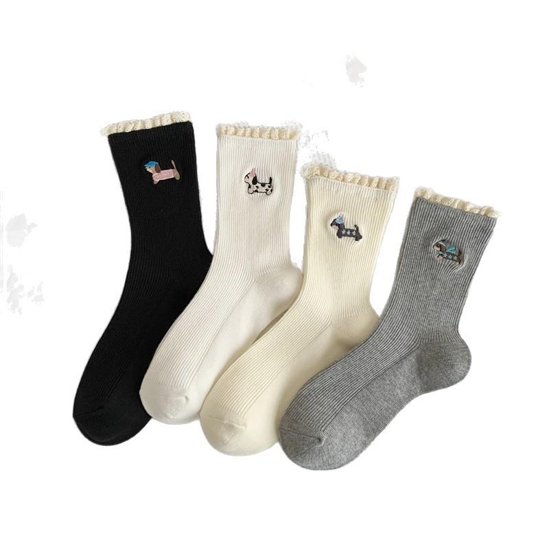 Cartoon Puppy Embroidered Lace Socks for Women's Autumn and Winter Pure Cotton Mid-calf Socks, Trendy Pile Socks