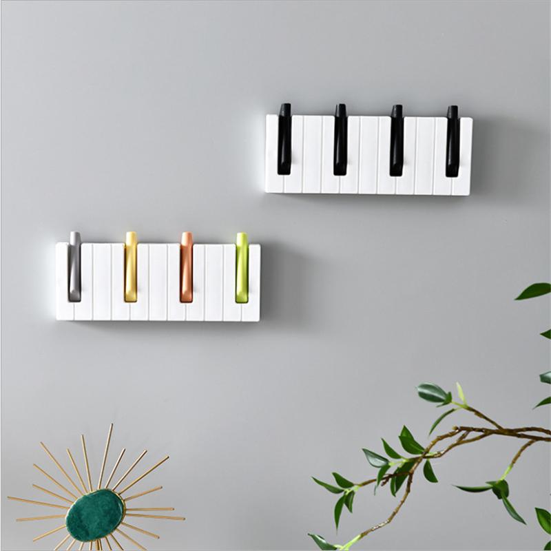 Piano Key Shaped Foldable Hook Adhesive 4 Hooks Clothes Hat Scarf Hanging Rack Household Wall Decorative Hook