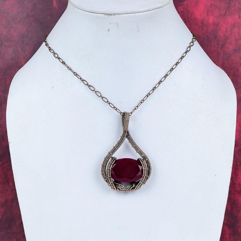 Faceted Kashmir Ruby Pendant Copper Wire Wrapped Pendant Handmade Unique Style Pendant Gemstone Copper Jewelry Gifts for Her Dainty Pendant