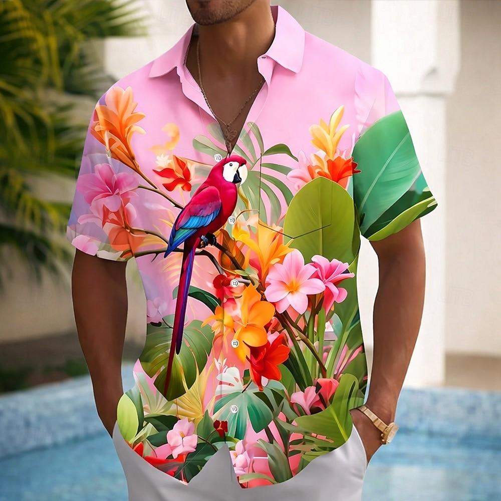 Herren Papagei Tropische Pflanzen Blumen Sommer Hawaiianisches Hemd Hemd mit Knöpfen Aloha Hemd Kurzarm