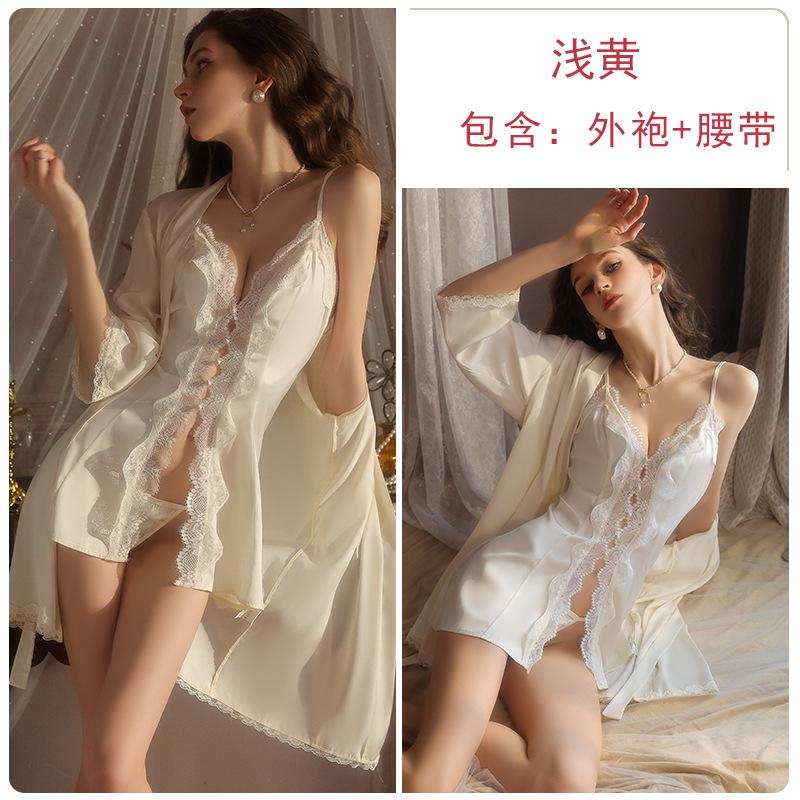 Underwear Passion Seduction Smooth Satin Lace Pure Desire Deep V Low Chest Nightdress Robe Home Suit