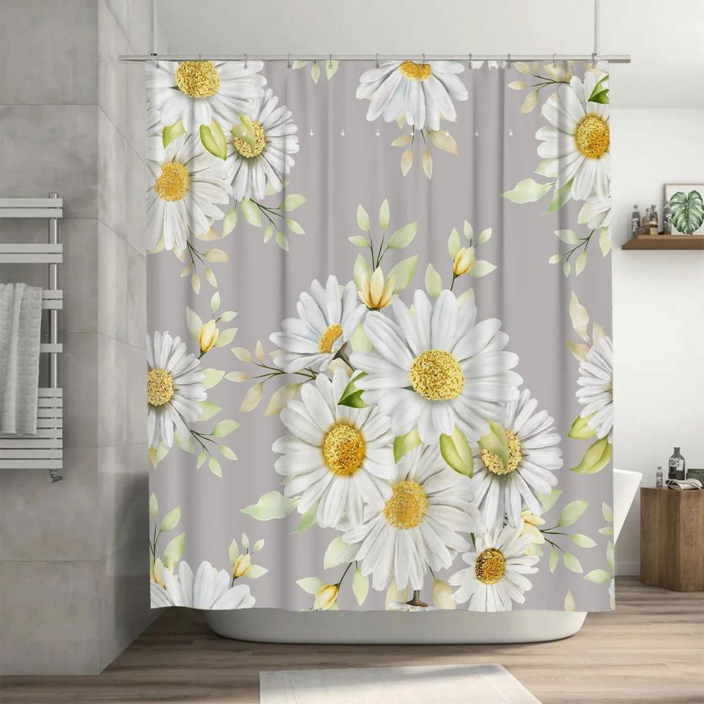 Delicate Floral Shower CurtainWhite Daisy Print Bathroom Decor Easy Installation + Non-Slip Grip (Various Sizes)