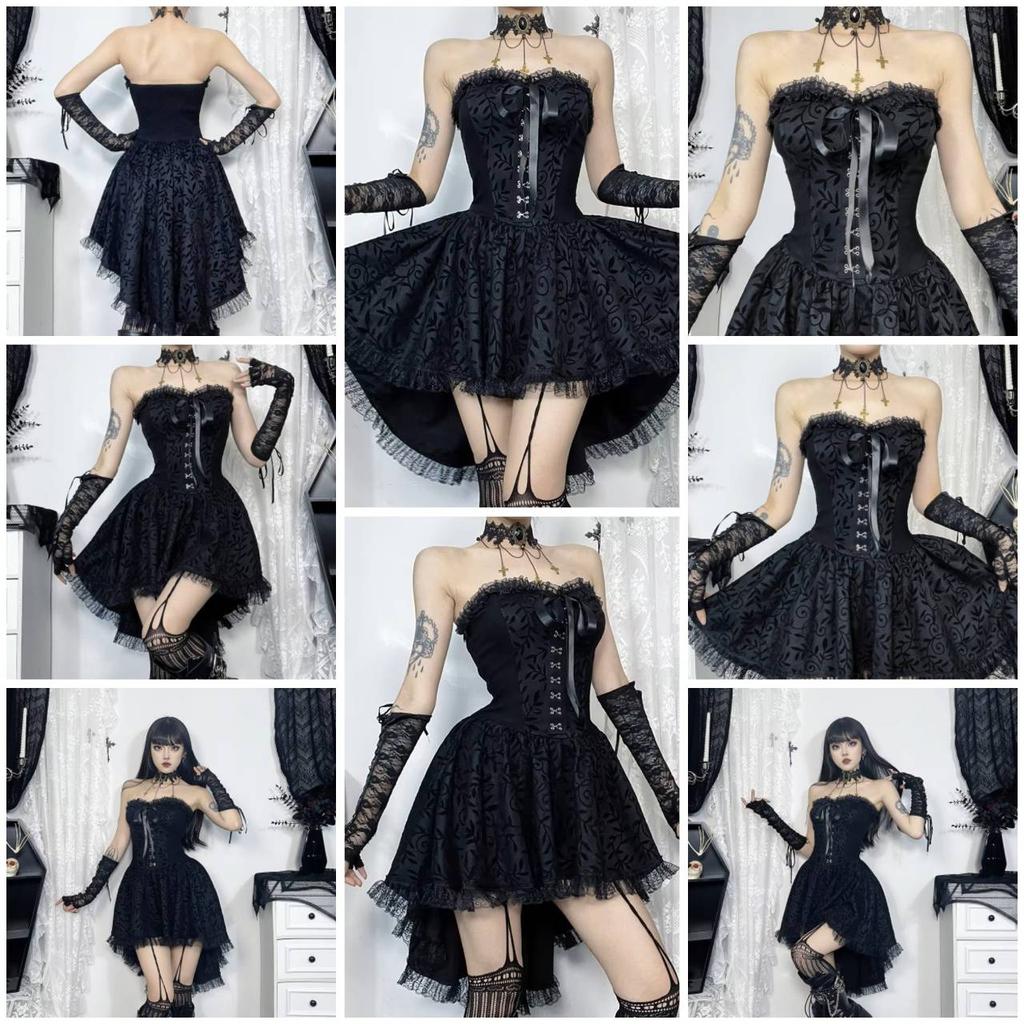 Gothic Goth Dark Lace Patchwork Bandage Strapless Corset Dress Party Gown Fairy Backless Tailed Women