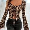 Mode Langarm Slim Fit Leopardenmuster Sexy T-Shirt Frauen Tops Kordelzug Quadratischer Kragen Elegantes Cropped T-Shirt Damen Vintage Casual Tees 25901