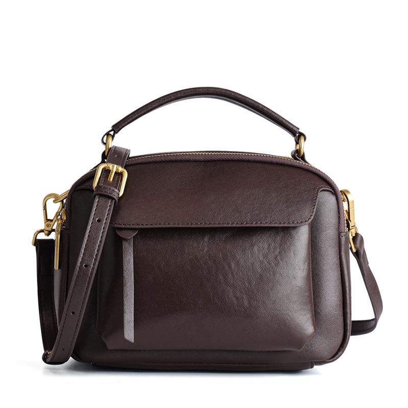 Genuine Leather Retro Shoulder Bag for Women - Vegetable Tanned Cowhide Crossbody Bag, Casual Commute Small Square Handbag
