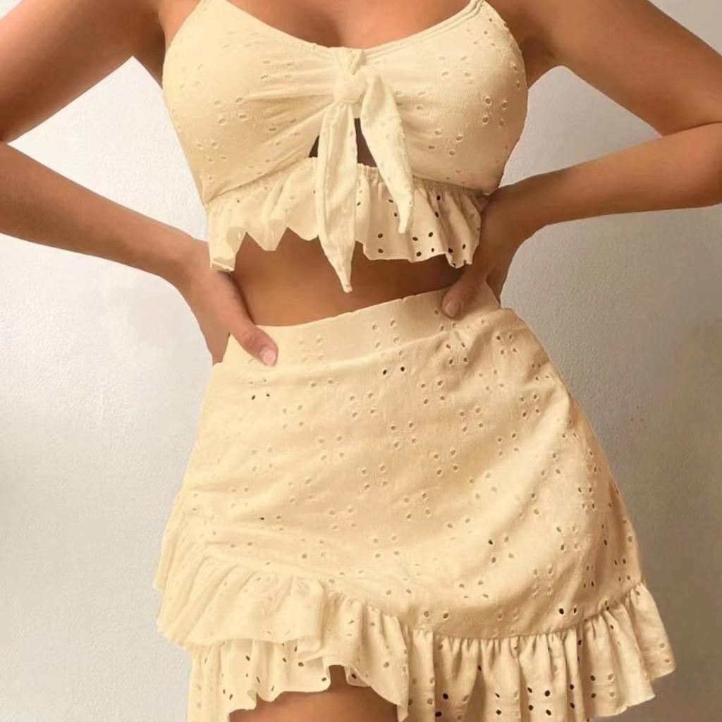 Maillot de bain trois pièces pour femme Couleur unie Volant Lacets Taille haute Bikini sexy Maillot de bain deux pièces Vêtements de plage