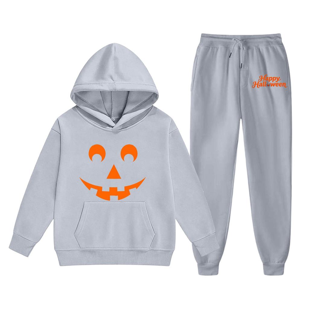 Kids Halloween Hoodie and Pants Set Pumpkin Face Print Pullover Sweatshirt with Hooded Top and Elastic Waist Bottoms for Boys Girls