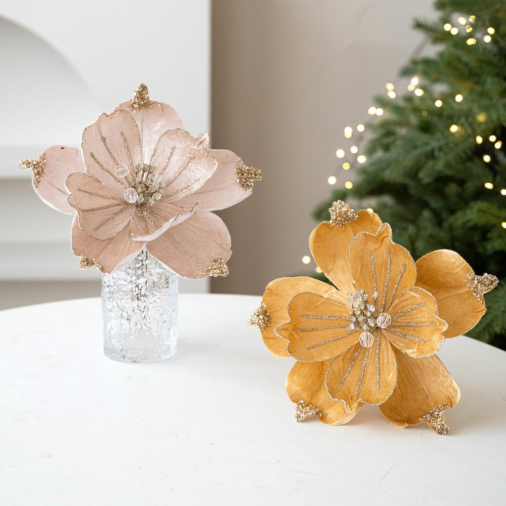 1PC Christmas Artificial Flower 22cm Fabric Sticky Pink Sequins Imitation Magnolia Flower Living Room Decoration Christmas Decoration Small Gift