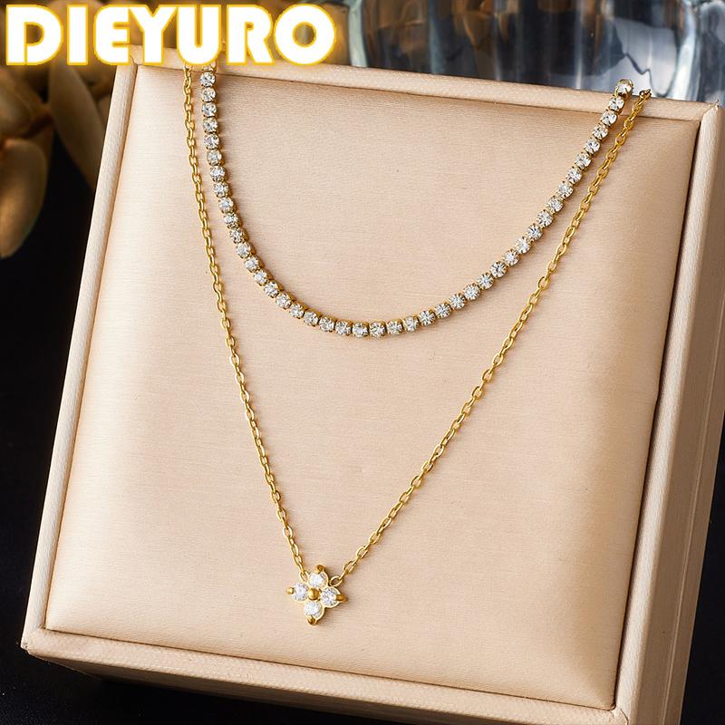 DIEYURO 316L Stainless Steel Elegant Trend Zircon Flower Double-layer Rhinestones Necklace Women Non-fading Neck Chain Jewelry