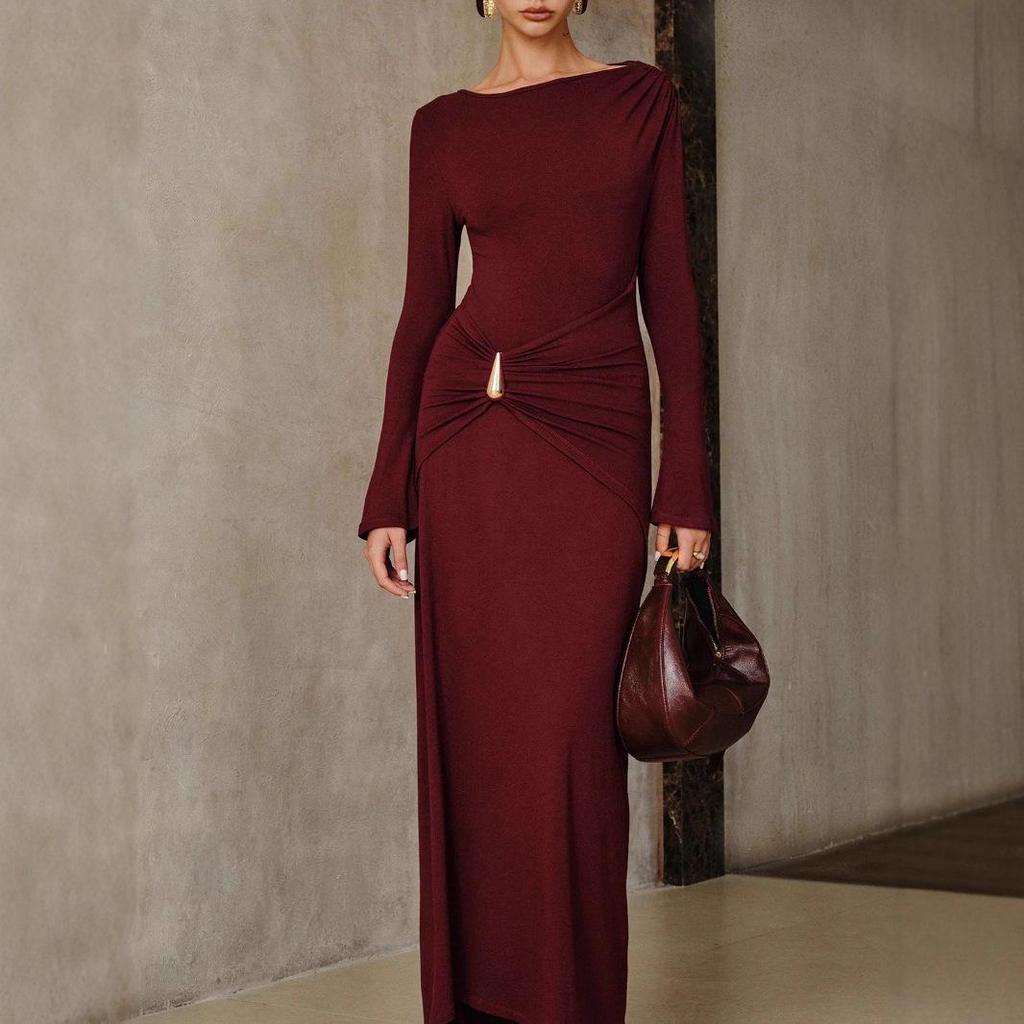 2025 Wine Red Slim Fit Knitted Long Dress with Metal Accents