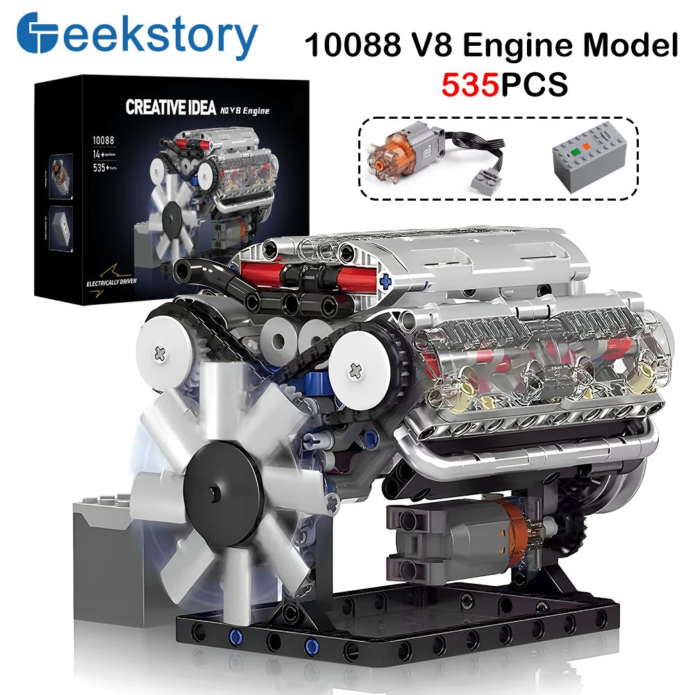 Mould King 535pcs 10088 V8 Engine MOC Simulation Scale Model Battery Box L Motor Electrically Drive Building Blocks Toy Gift