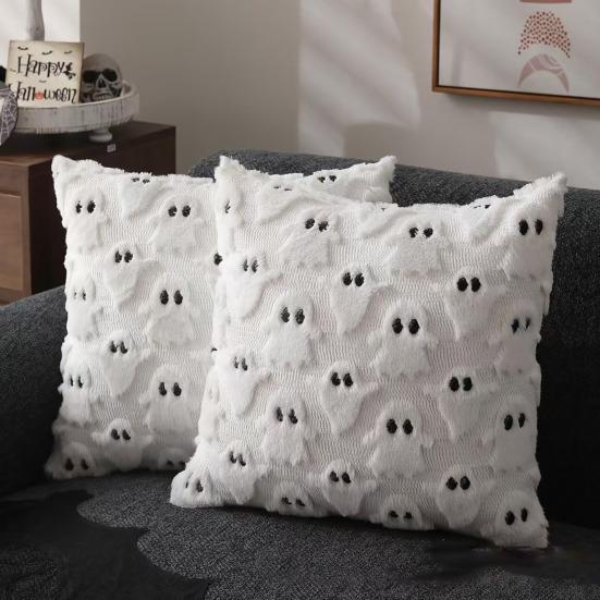 Halloween Decorative Pillow Cover Soft Plush Throw Cushion Case with 3D Embroidered Ghost Pumpkin Design for Couch Sofa Bedroom