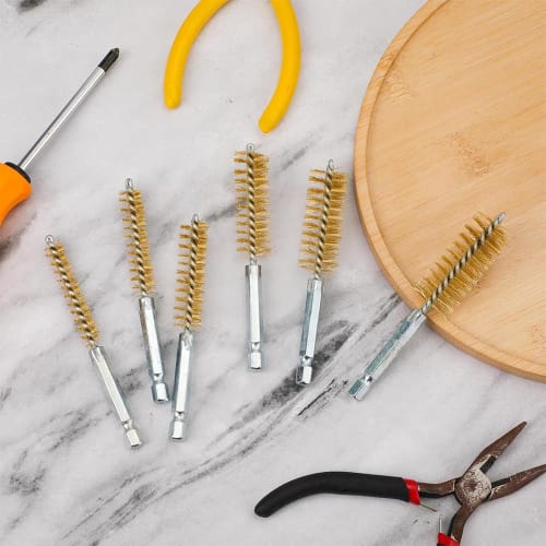 DERCHIA Wire Brushes, Brass Brushes with Hexagonal Shafts, Pack of 6, Brush-Shaped, Polishing Brush, Brass Tube Cleaning Brush, Stainless Steel and Br
