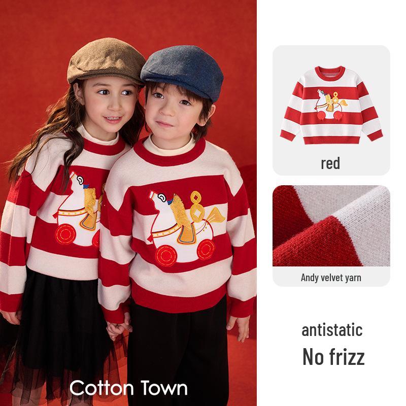New Year Red Striped Wool Sweater for Boys and Girls - Thick Cotton Knit for Autumn and Winter 110 cm / 56 красный