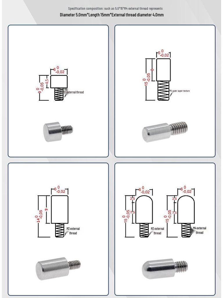 Stainless Steel External Thread Dowel Pin with Tapered/Round/Flat Head, Locating Column M3/M4/M5/M6