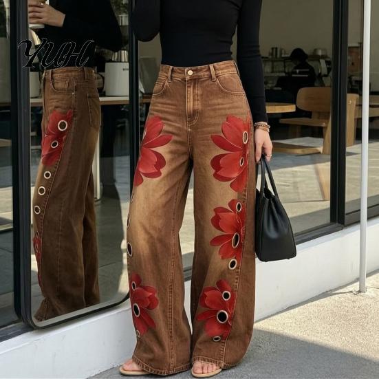 High Rise Trousers Women Waisted Wide Leg Jeans, Vintage Floral Print Faux Denim Jeans Trousers, Loose Fit Casual Pants with Pockets & Metal