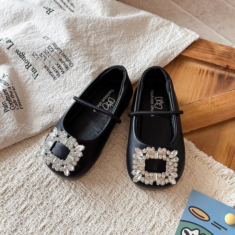 Girls Ballet Flats With Rhinestones 2026 Soft Sole Square Toe PU Shoes Kids Ages 3-8