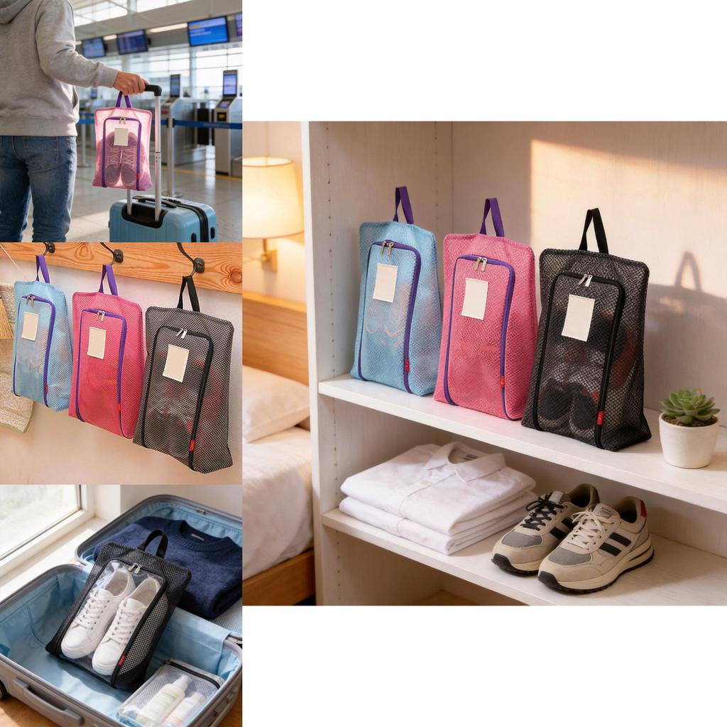 Mesh Shoe Storage Bag With Zipper And Handle For Travel And Sports Activities