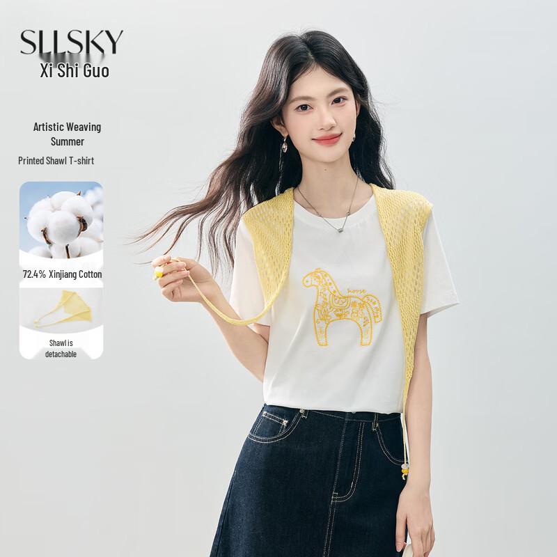 SLLSKY Women s Pony Print Hollow Knit Shawl Short Sleeve T-Shirt L