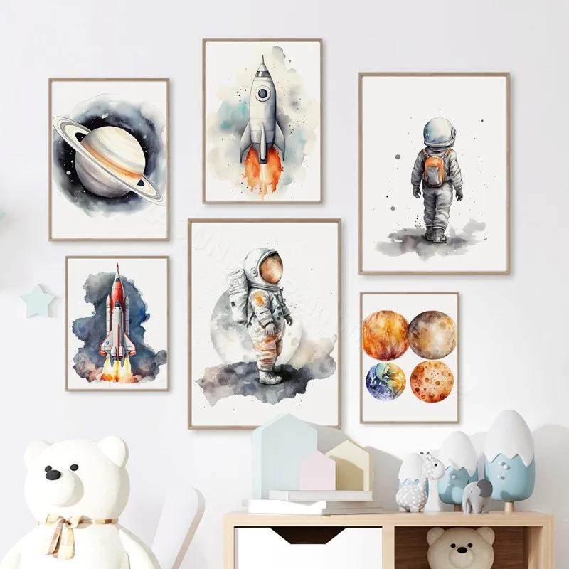 Acuarelă Astronaut Navă Spațială Rachetă Planeta Spațială Artă de Perete pentru Cameră Copii Pictură pe Pânză Imprimare Postere Imagini Pentru Decor Cameră Copii