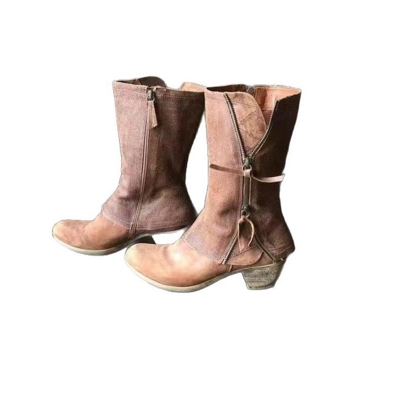 Plus-size Shoes, Thick-heeled Mid-calf Knight Boots, Retro Round-toed Mid-calf Thin Leather Boots, Women's Shoes