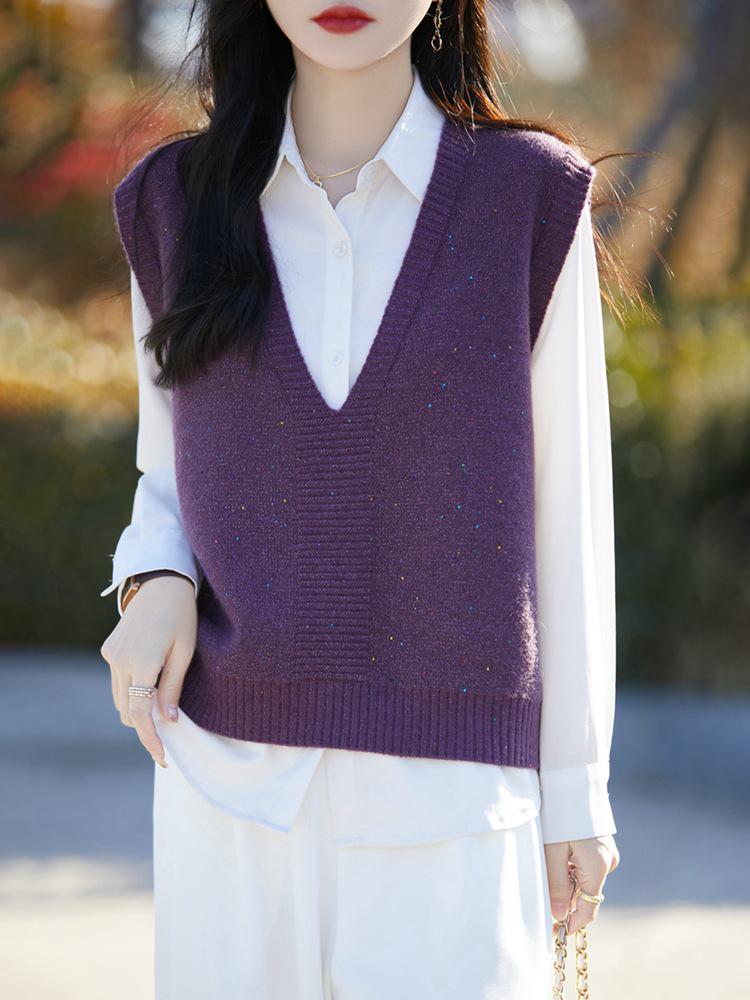 Women's Loose V-Neck Sequin Knit Vest - Fine Wool, Perfect for Spring & Autumn Layering