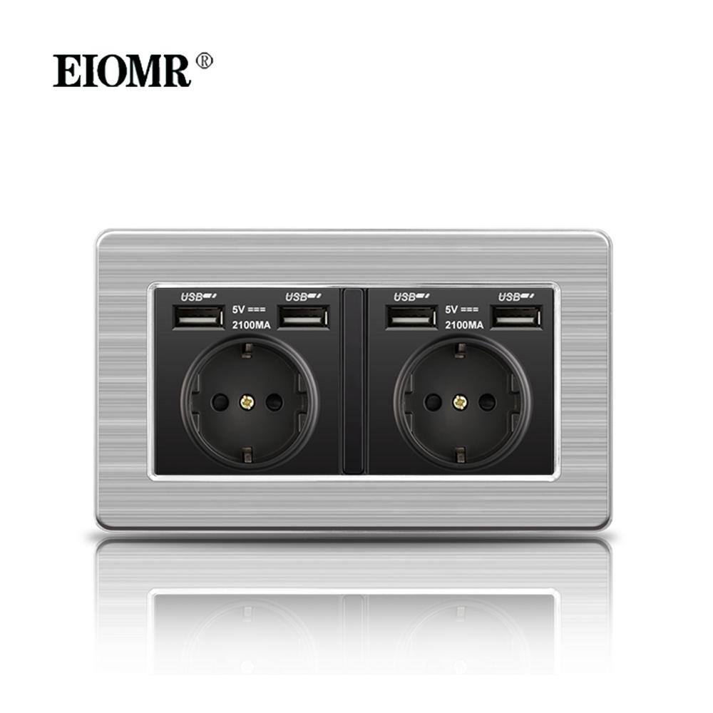 EIOMR 16A Black EU Standard Wall Sockets and Switches Stainless Steel Panel with Children Protective Door with USB Power Outlet
