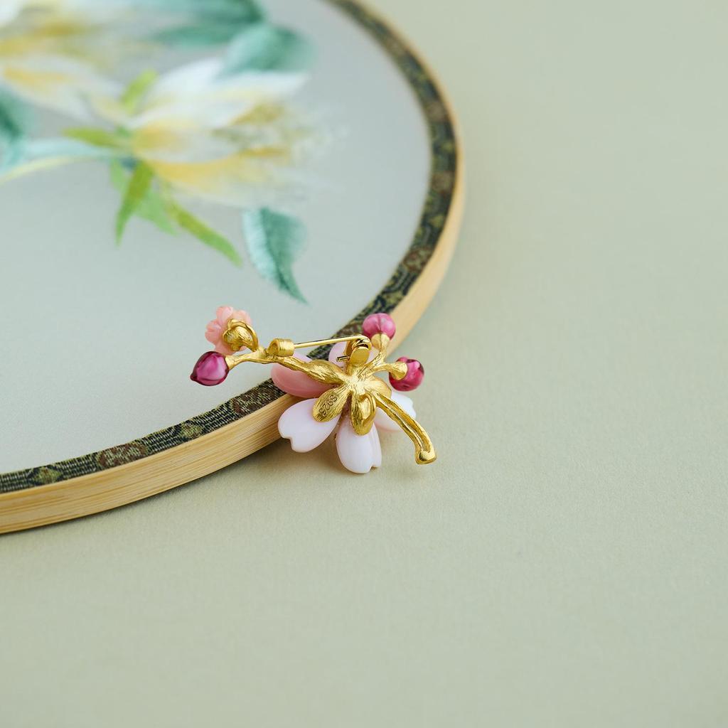 Pink Plum Blossom Brooch: Exquisite 925 Silver with Southern Red Mother-of-Pearl, Chinese National Style