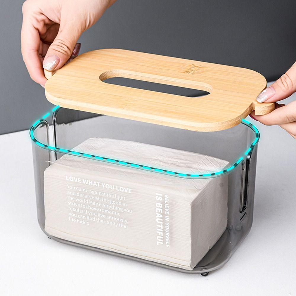 Bamboo Lid Transparent Tissue Box Waterproof Adjustable Desktop Tissue Dispenser Decorative Space-saving Napkin Storage Case