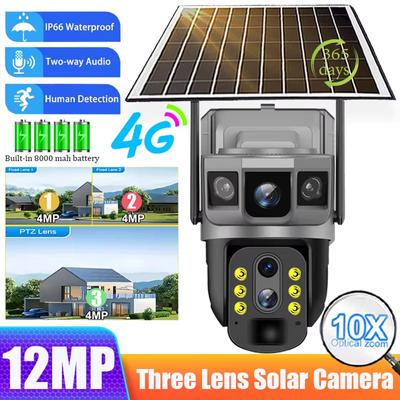 4G Solar IP Camera 6K 12MP Three Screens 10X Zoom Outdoor CCTV Auto Tracking Build In Battery Waterproof Security Protection Cam