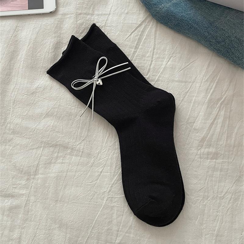 

Female Spring and Autumn Cotton Double Bow Love Ballet Wind Drum Pile Socks 1 pair чорний
