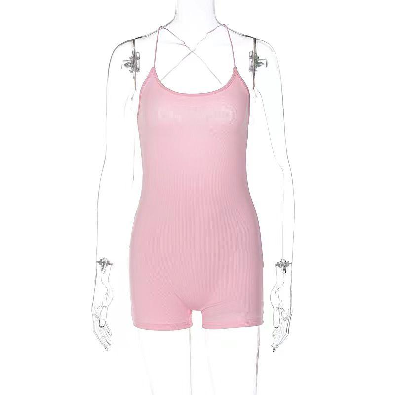

Fashion Wind Summer Cross Shoelace Sexy Open Back Slim Fit Bodysuit Sexy Backless Jumpsuit Pink M